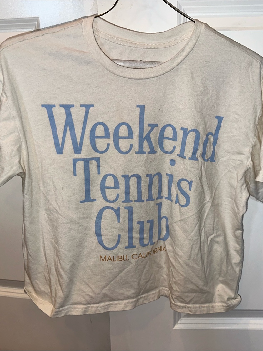 Weekend Tennis Club Graphic Crop Top Light Blue on White Malibu California